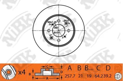 Диск тормозной передний Honda Jazz Nibk RN1376, D=257.7 мм