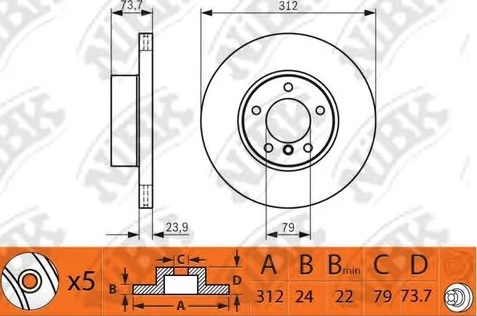 Диск тормозной передний BMW 1, 2, 3 Nibk RN1398, D=312 мм