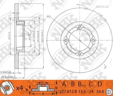 Диск тормозной передний Toyota Corona Nibk RN1339, D=227.8 мм