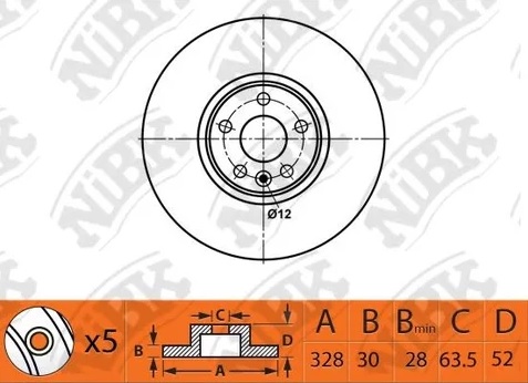 Диск тормозной передний Volvo XC60 Nibk RN1505, D=328 мм