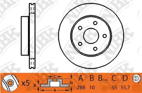 Диск тормозной задний Toyota Wish Nibk RN1254, D=288 мм