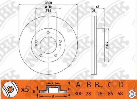 Диск тормозной передний SSANG YONG Rodius, Stavic, Vent Nibk RN1456, D=300 мм