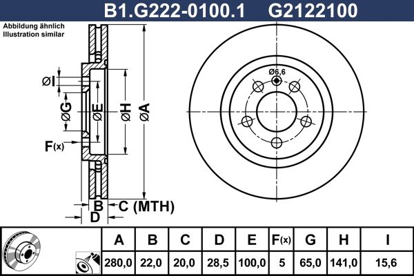 Диск тормозной передний VW GOLF Galfer B1.G222-0100.1, D=280 мм