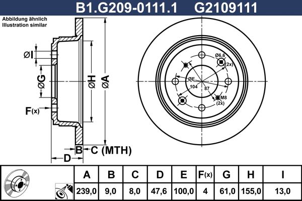 Диск тормозной задний HONDA City, Civic Galfer B1.G209-0111.1, D=239 мм 