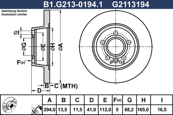Диск тормозной задний FORD Galaxy, SEAT Alhambra, VOLKSWAGEN Transporter Galfer B1.G213-0194.1, D=294 мм