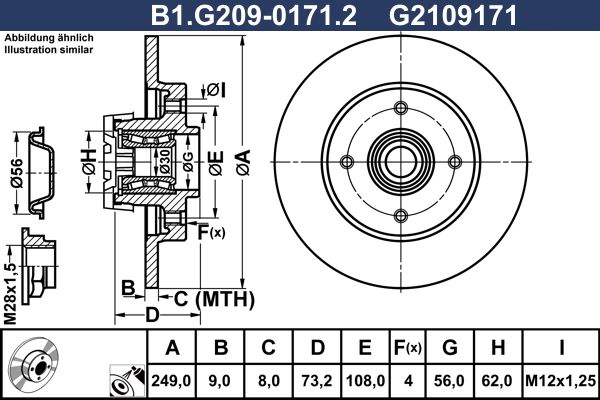 Диск тормозной задний CITROEN C4, PEUGEOT 308 Galfer B1.G209-0171.2, D=249 мм