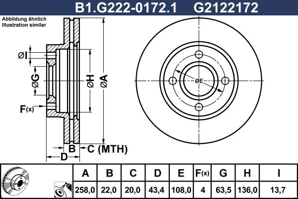 Диск тормозной передний FORD Fiesta, FOCUS, MAZDA 121 Galfer B1.G222-0172.1, D=258 мм