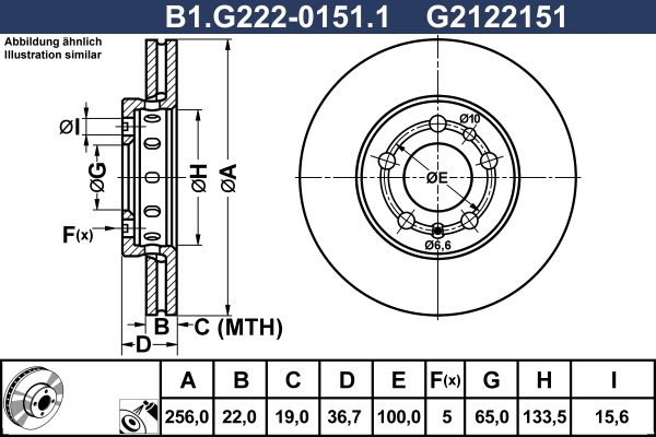 Диск тормозной передний VW GOLF, BORA, AUDI A2, A3, SKODA OCTAVIA, FABIA Galfer B1.G222-0151.1, D=256 мм