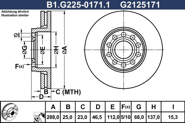 Диск тормозной передний SKODA Superb, VOLKSWAGEN Passat Galfer B1.G225-0171.1, D=288 мм