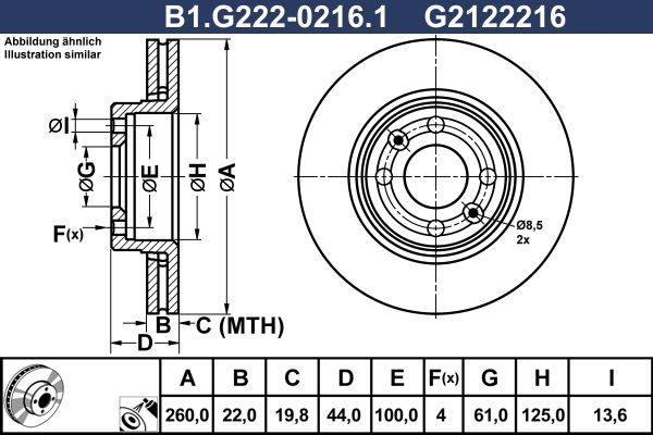 Диск тормозной передний NISSAN Micra, Note, RENAULT Clio, Megane Galfer B1.G222-0216.1, D=260 мм 