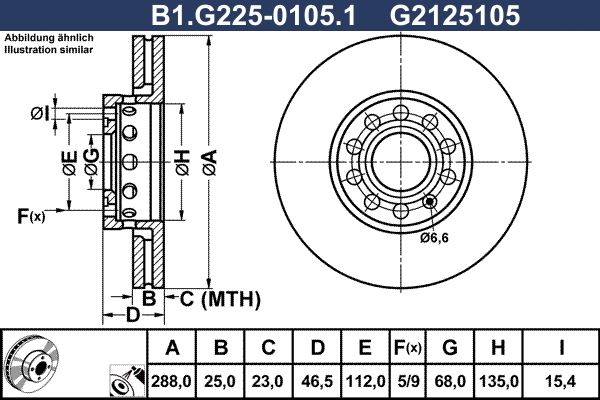 Диск тормозной передний AUDI A4, A6, SEAT Exeo, SKODA Superb Galfer B1.G225-0105.1, D=288 мм