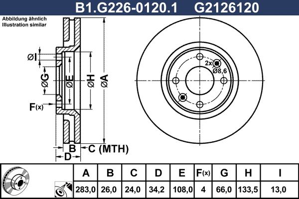 Диск тормозной передний CITROEN, OPEL, PEUGEOT Galfer B1.G226-0120.1, D=283 мм