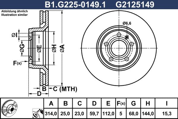 Диск тормозной передний AUDI A6 Galfer B1.G225-0149.1, D=314 мм