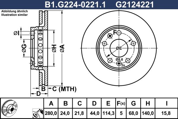 Диск тормозной передний NISSAN Terrano, RENAULT Arkana, Captur Galfer B1.G224-0221.1, D=280 мм 