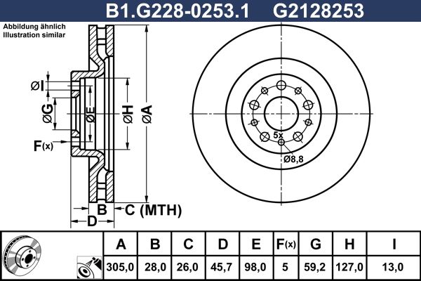 Диск тормозной передний FIAT Doblo, OPEL Combo Galfer B1.G228-0253.1, D=305 мм