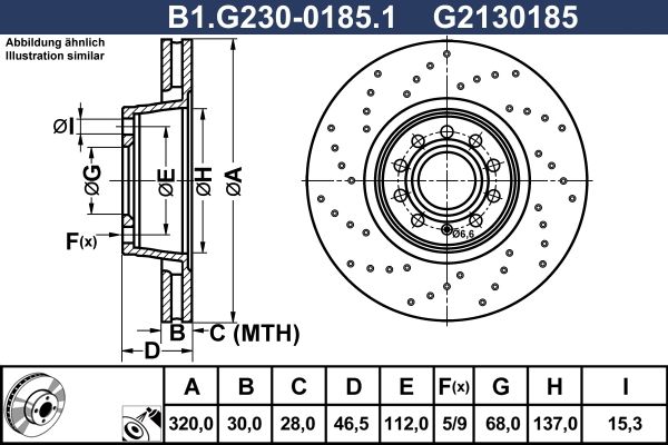 Диск тормозной передний AUDI A4 Galfer B1.G230-0185.1, D=320 мм