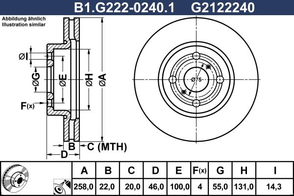 Диск тормозной передний DAIHATSU Charade, TOYOTA Yaris Galfer B1.G222-0240.1, D=258 мм