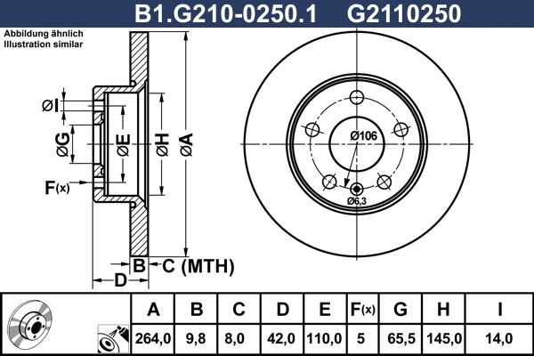Диск тормозной задний OPEL Astra, CHEVROLET Viva Galfer B1.G210-0250.1, D=264 мм