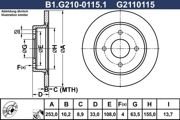 Диск тормозной задний FORD Fiesta, Focus Galfer B1.G210-0115.1, D=253 мм 