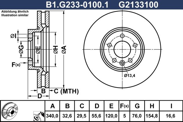 Диск тормозной передний VOLKSWAGEN Multivan, Transporter Galfer B1.G233-0100.1, D=340 мм