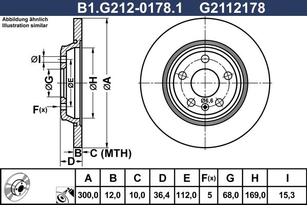 Диск тормозной задний AUDI A4, Q5, A6 Galfer B1.G212-0178.1, D=300 мм  