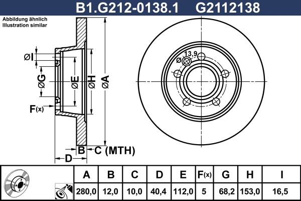 Диск тормозной задний VOLKSWAGEN Transporter Galfer B1.G212-0138.1, D=280 мм