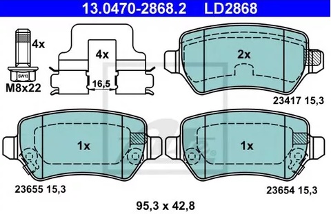 Колодки тормозные дисковые задние OPEL ASTRA, CHEVROLET Viva, KIA Venga Ate 13.0470-2868.2