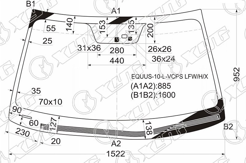 Стекло лобовое с обогревом щеток HYUNDAI EQUUS 4D XYG EQUUS-10-L-VCPS LFW/H/X 