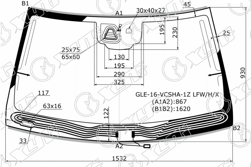 Стекло лобовое с обогревом щеток MERCEDES-BENZ GLS, GLE (W166) XYG GLE-16-VCSHA-1Z LFW/H/X 