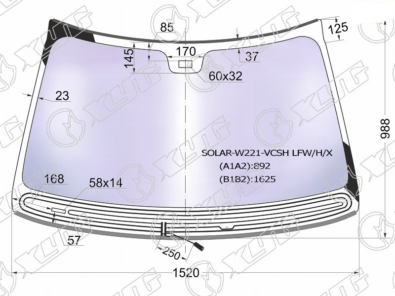 Стекло лобовое атермальное с обогревом щеток MERCEDES S-CLASS (W221) XYG SOLAR-W221-VCSH LFW/H/X 