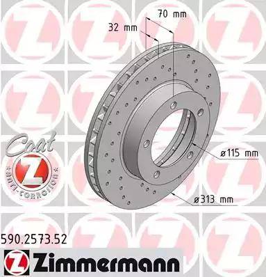 Диск тормозной передний TOYOTA, LEXUS Otto Zimmermann 590.2573.52, D=313 мм