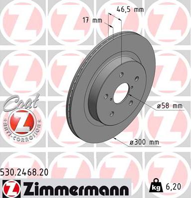 Диск тормозной задний SUBARU Legacy, Outback Otto Zimmermann 530.2468.20, D=300 мм 