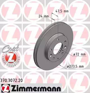 Диск тормозной передний MAZDA 323, 6 Otto Zimmermann 370.3072.20, D=273.5 мм