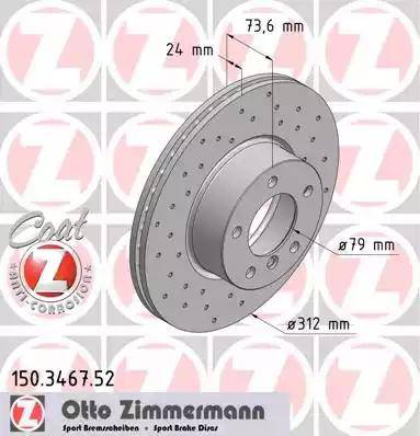 Диск тормозной передний BMW 1, 2, 3, 4, X1 Otto Zimmermann 150.3467.52, D=312 мм