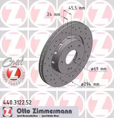 Диск тормозной передний CITROEN C-CROSSER Otto Zimmermann 440.3122.52, D=294 мм