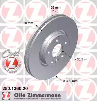 Диск тормозной передний FORD GALAXY, S-MAX Otto Zimmermann 250.1360.20, D=300 мм