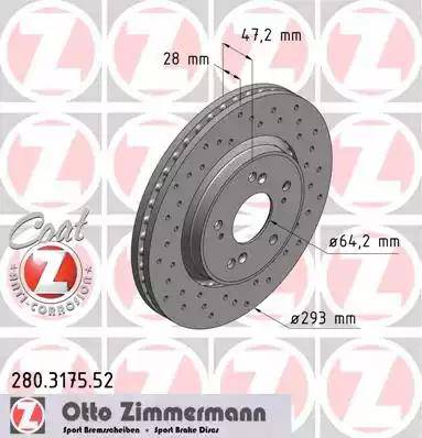 Диск тормозной передний HONDA CR-V Otto Zimmermann 280.3175.52, D=293 мм