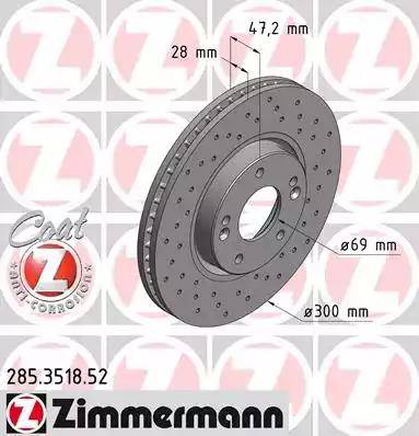 Диск тормозной передний HYUNDAI ix35, i40 Otto Zimmermann 285.3518.52, D=300 мм