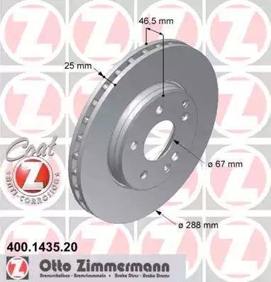 Диск тормозной передний MERCEDES-BENZ C-CLASS, CLK, E-CLASS, SLK Otto Zimmermann 400.1435.20, D=288 мм