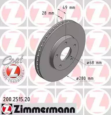 Диск тормозной передний NISSAN ALMERA, MAXIMA, PRIMERA, X-TRAIL Otto Zimmermann 200.2515.20, D=280 мм