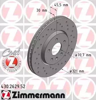 Диск тормозной передний OPEL ASTRA J, ZAFIRA Otto Zimmermann 430.2629.52, D=321 мм