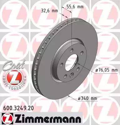 Диск тормозной передний VW MULTIVAN, TRANSPORTER Otto Zimmermann 600.3249.20, D=340 мм