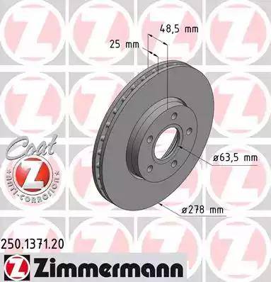 Диск тормозной передний FORD Focus, C-Max Otto Zimmermann 250.1371.20, D=278 мм