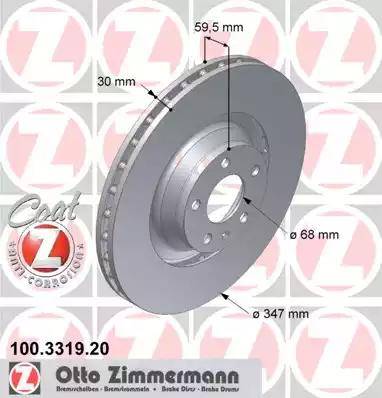 Диск тормозной передний AUDI A6, ALLROAD Otto Zimmermann 100.3319.20, D=347 мм