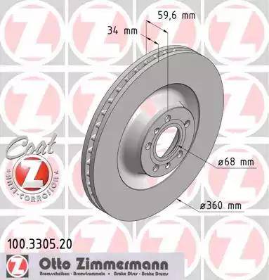 Диск тормозной передний AUDI A8, VW PHAETON Otto Zimmermann 100.3305.20, D=360 мм