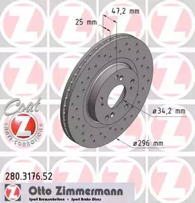 Диск тормозной передний HONDA ACCORD Otto Zimmermann 280.3176.52, D=296 мм