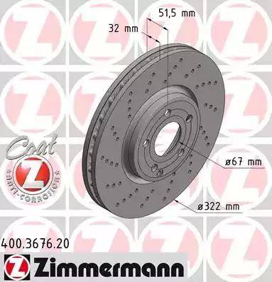 Диск тормозной передний MERCEDES-BENZ CLS Otto Zimmermann 400.3676.20, D=322 мм