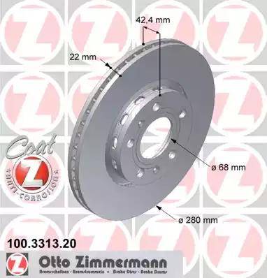 Диск тормозной задний AUDI A8, VW Phaeton Otto Zimmermann 100.3313.20, D=280 мм