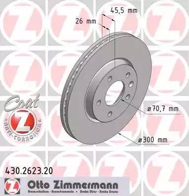 Диск тормозной передний OPEL, CHEVROLET Otto Zimmermann 430.2623.20, D=300 мм