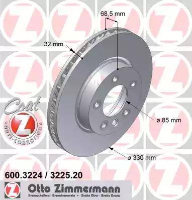 Диск тормозной передний PORSCHE Cayenne Otto Zimmermann 600.3225.20, D=330 мм